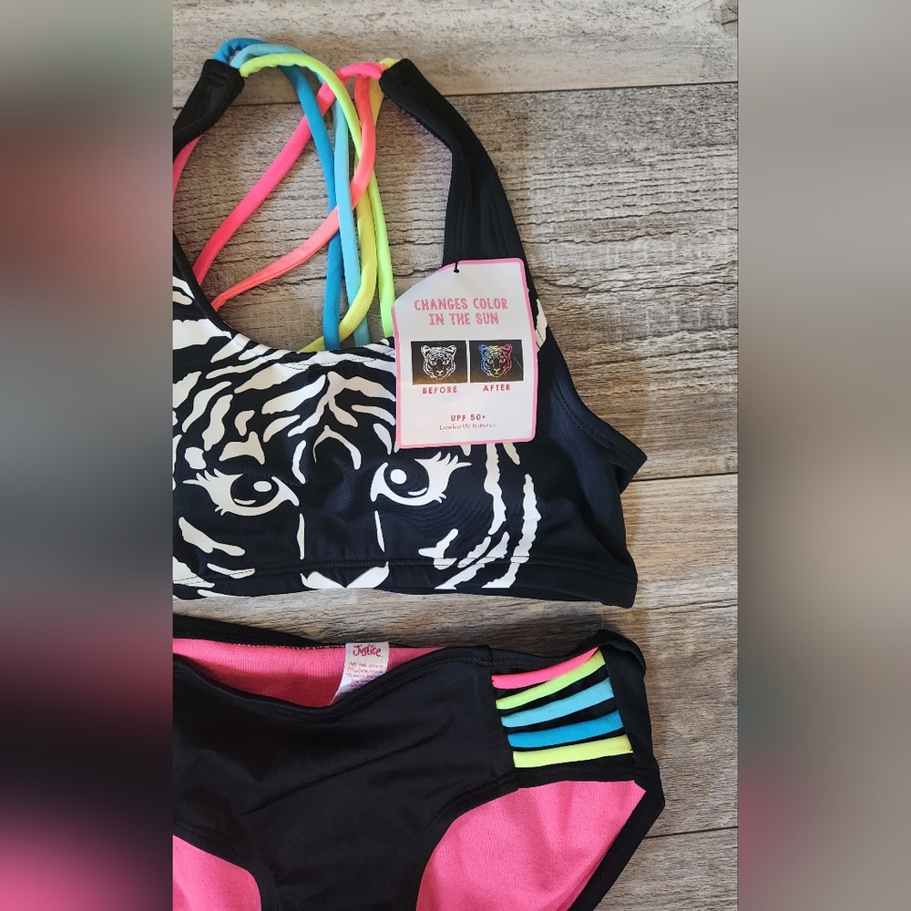 Justice Girls UPF50+ Black/Rainbow (Color Changing Tiger Print) Bikini - Picture 3 of 7
